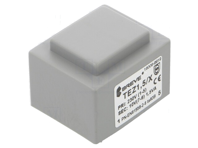 Transformator: ingegoten; 1,5VA; 230VAC; 10V; 150mA; PCB; IP00; TEZ Transformator: ingegoten; 1,5VA; 230VAC; 10V; 150mA; PCB; IP00; TEZ